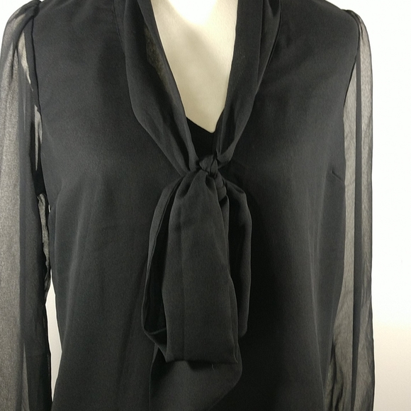 Top: NEW Sheer Long Sleeve Lined Blouse w Bow - Picture 3 of 7